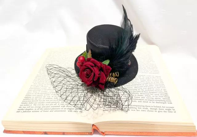 Austentation Victorian Steampunk Mini Top hat fascinator Black Satin Velvet Rose