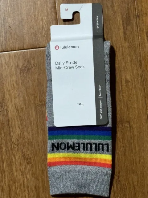 Lululemon Daily Stride Mid-Crew Sock Grey Rainbow Stripe Medium Wordmark NWT
