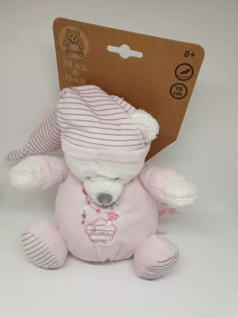 27 - Doudou Peluche Ours Rose Gris Blanc Nuage Moon Etoile Raye  Max & Sax Neuf