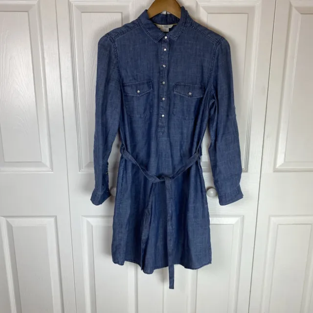 Boden 8 Denim Chambray Dress Blue Long Sleeve Pearl snap Shirt Shift Sheath Mini