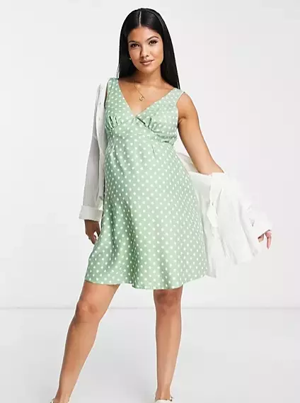 NWT ASOS DESIGN Maternity Linen V Neck Mini Slip Dress Sage Dot Size 12 UK 14