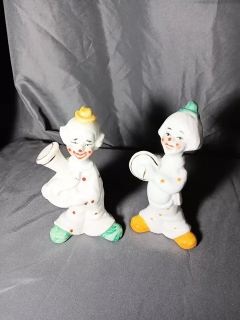 Vintage Pair Porcelain Clown Figurines Colorful Polka Dots Playing Instruments