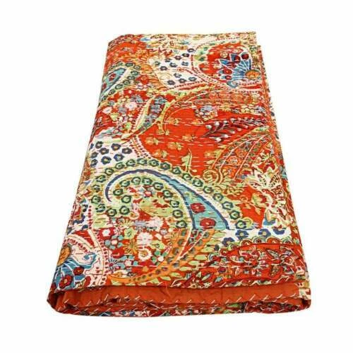Manta de edredón Kantha hecha a mano india de algodón naranja