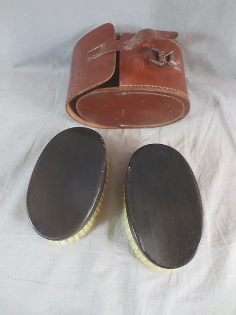 Vintage Wooden Clothes Brushes And Leather Case Ebony Handles & Pure Bristles