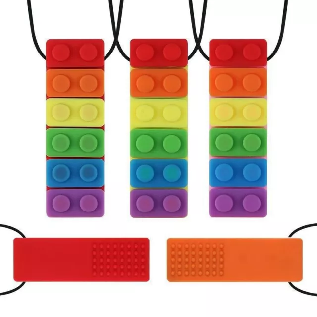 Rainbow Teether Sensory Chew Autism Building Baby Kids Necklace Silicone Block