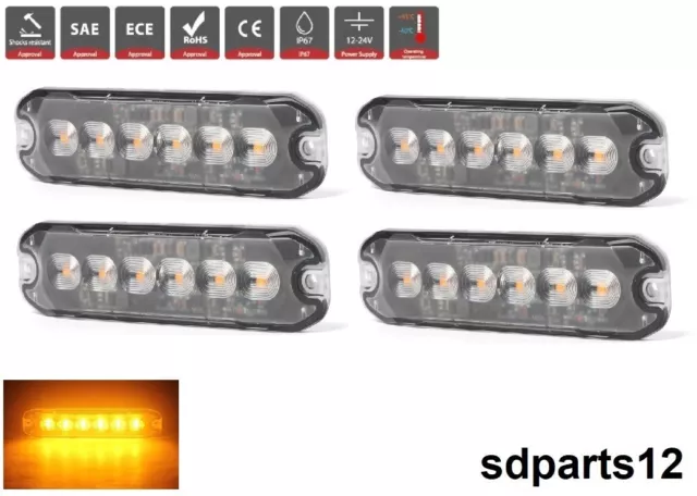4x Feux de Pénétration 6 LED 10W 12-24V Orange 8 Modes de Flash Stroboscopique