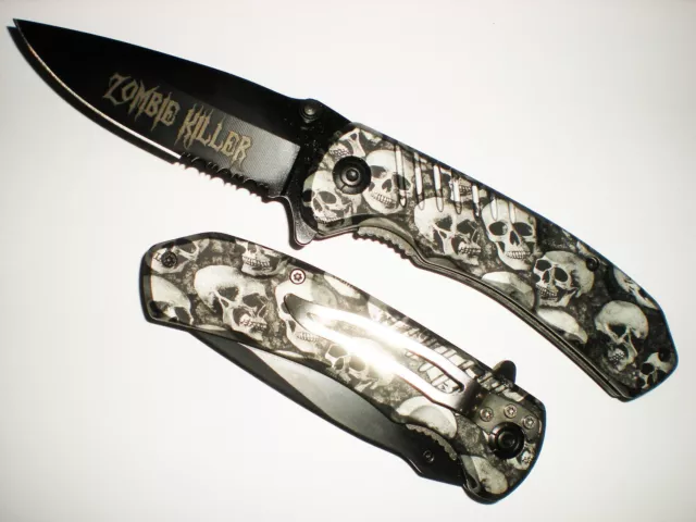 BLACK Skull ZOMBIE KILLER GRIP HANDLE ASSISTED OPENING RESCUE POCKET KNIFE