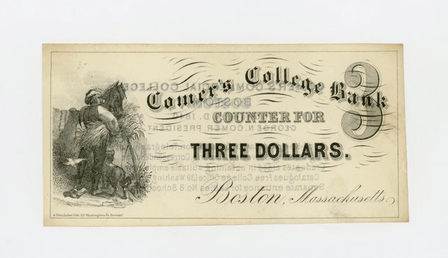 1800's $3 Comers College Bank - Boston, MASSACHUSETTS College Currency Note AU