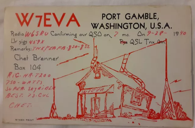 Vintage Old CB Ham Radio QSL Postcard Port Gamble Washington Call Sign W7EVA ☎️
