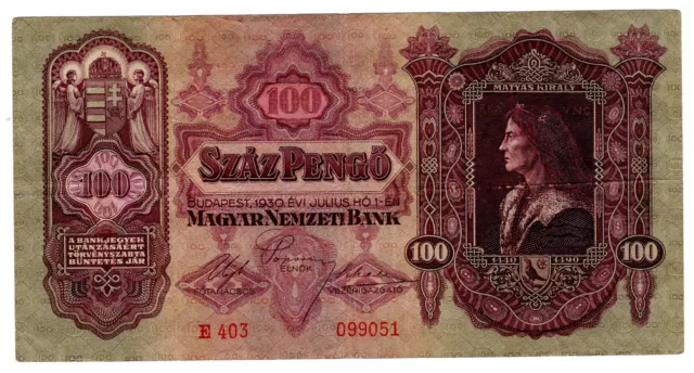 HONGRIE HUNGARY  Billet 100 PENGO 1930  P98 MATYAS KIRALY BON ETAT
