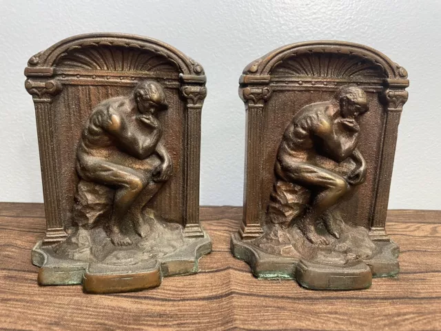 Vintage Rodin's "The Thinker" Solid Bronze Bookends (2) Felt Bottom Heavy