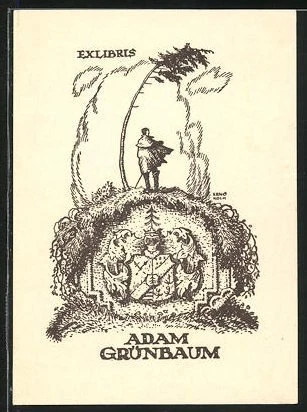 Exlibris von Erno Koch für Adam Grünbaum, Mann im Sturm neben sich biegender Fi