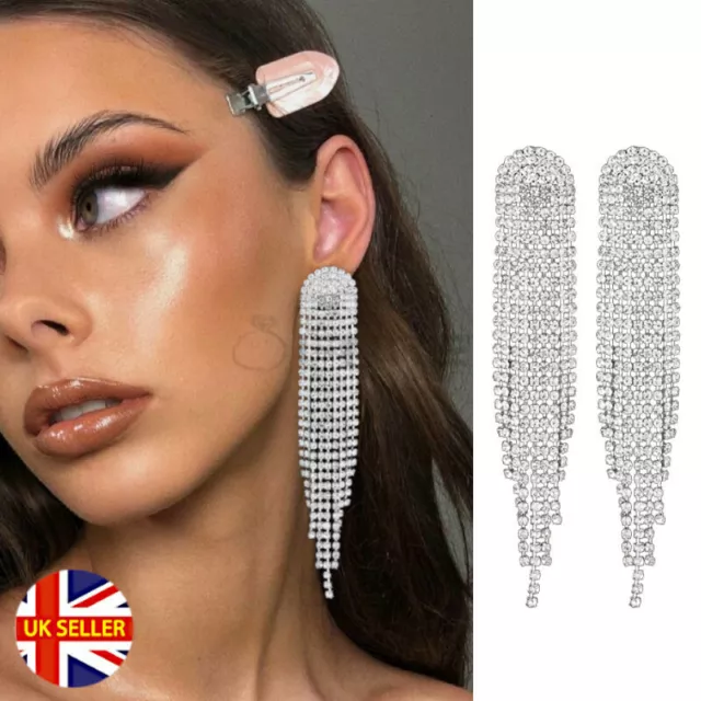 Austrian Crystal Chandelier Tassel Long Big Statement Chain Dangle Drop Earrings