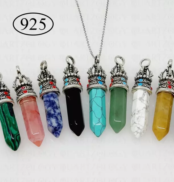 Natural Quartz Chakra Crystal Crown Pendant 925 Sterling Silver Necklace Chain