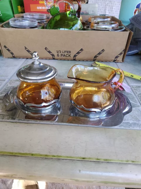 Farber Bros Krome Kraft Art Deco Amber Sugar & Creamer W/ Tray