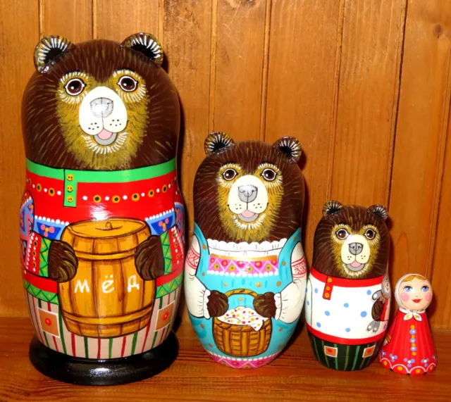 Fairy tale Three Bears & Goldilocks Nesting Russian Dolls Matryoshka 4 signed 3