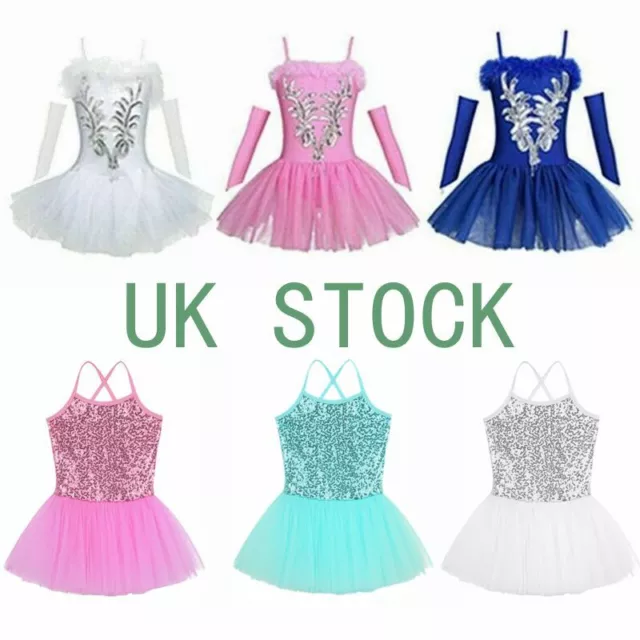 UK Girls Ballet Dance Tutu Dress Swan Ballerina Leotard Dancewear Kids Costume