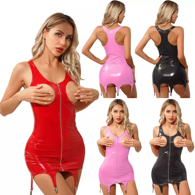 Womens Wet Look Leather Dress Zipper Open Chest Mini Dress Sexy Party Clubwear