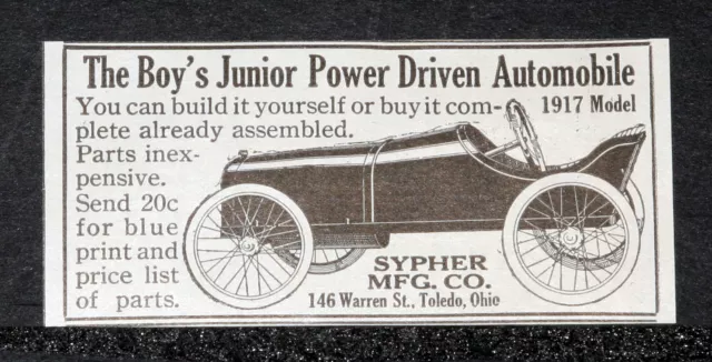 1917 Old Magazine Print Ad, Sypher Mfg, Boy's Junior Power Driven Automobile!