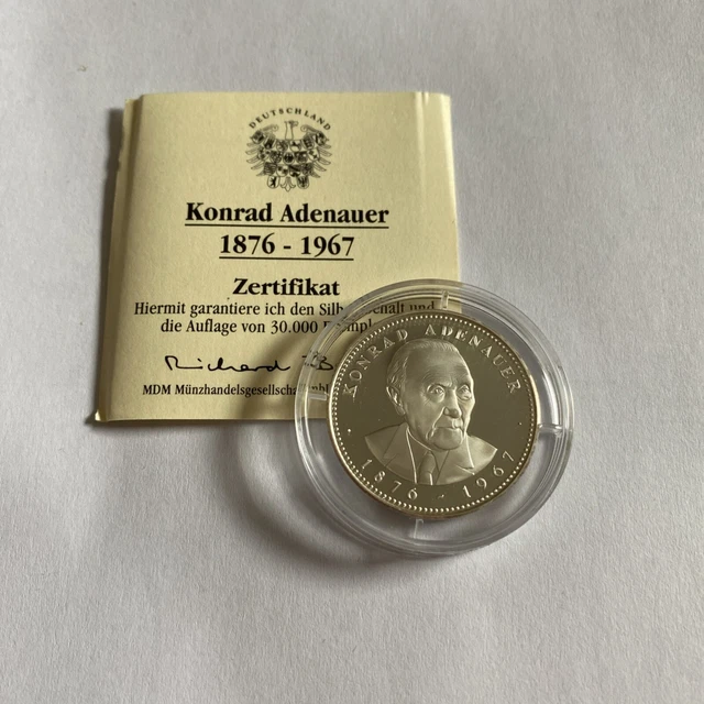 SAMMLERSTÜCK MEDAILLE KONRAD Adenauer, Silber PL mit Zertifikat und ...