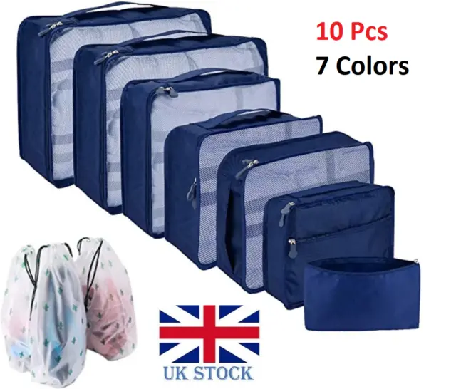 10Pcs Packing Cubes Luggage Storage Organiser Travel Compression Suitcase Bag UK