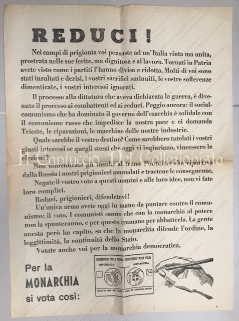 Reduci propaganda voto Monarchia Politica Manifesto