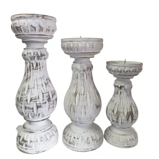 Wooden Candle Holders Beautifully Hand Carved Pieces White Wash Finish 2