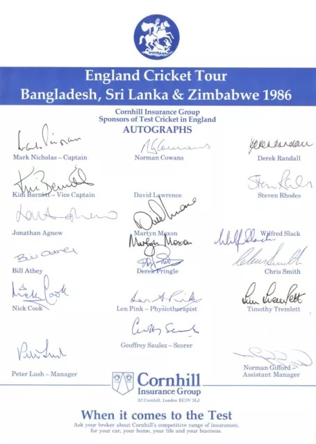 England Cricket Team 1986 Tour Sheet To Bangladesh, Sri Lanka Hand Signed By 18.