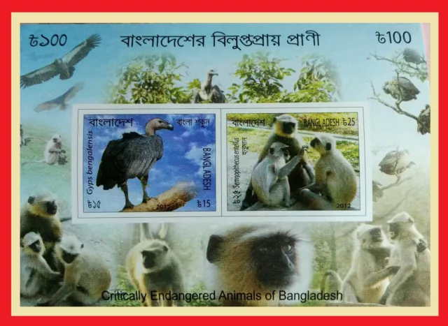 113.BANGLADESH 2012 Imperf Tampon M/S Critique Endangered Animaux ,Singe, Birds