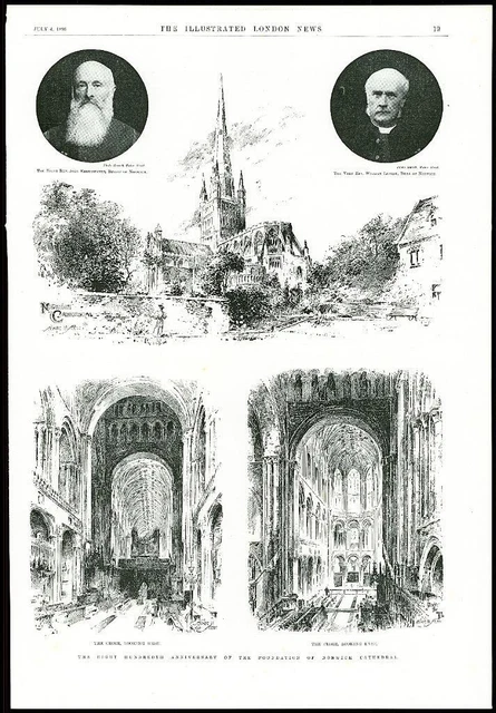 1896 Antique Print  - NORFOLK Norwich Anniversary Foundation Cathedral (98)