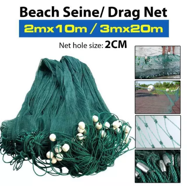 65Ft/33Ft Fishing Drag Net Bait Seine Nylon 2cm Mesh Fish Net 3mx20m Or 2mx10m