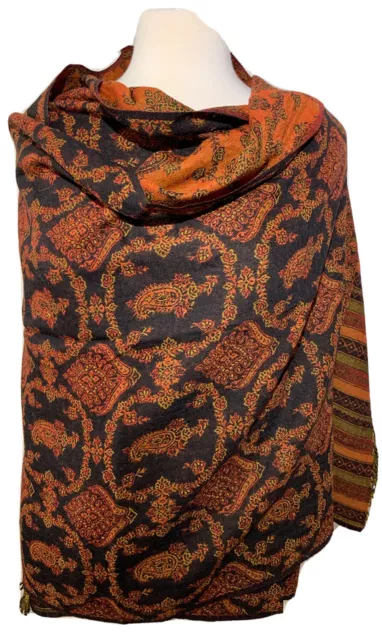 Pashmina Shawl Scarf Wrap Stole Woven Reversible 100% Kashmir Wool  BLACK / RUST