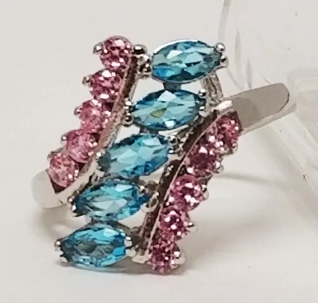 NOS 925 Sterling Silver Blue Topaz Pink Sapphire COLOR Cubic Zirconia Ring 6 1/4