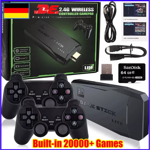 RetroGameStick 64 GB Wireless 4K HD Retro 20000+ Spiele TV Stick, mit 2 Gamepad