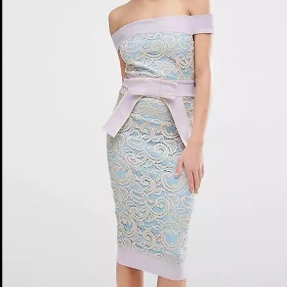 ASOS Vesper Bardot Lace Dress With Bow Waist size 8 Lilac Midi