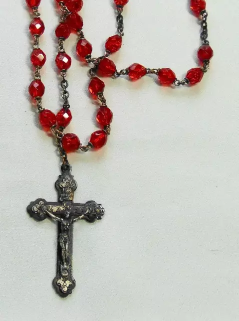 Vintage Italy Catholic Christian Oxidized Metal Red Glass Bead Crucifix Rosary