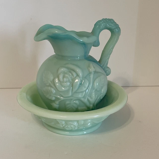 AVON JADEITE Green Slag Milk Glass Pitcher & Bowl Dish