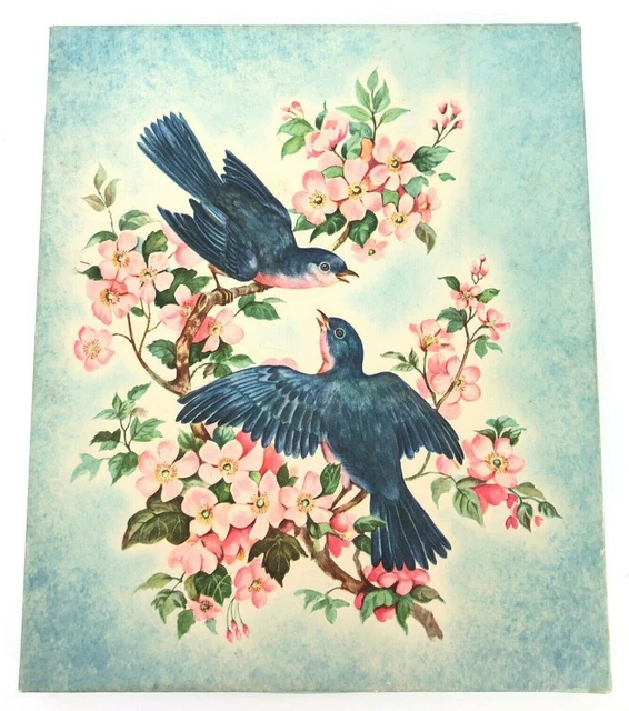 TRUE Vintage Blue Jay & Cherry Blossom Embossed Box & Litho Suitable for Framing