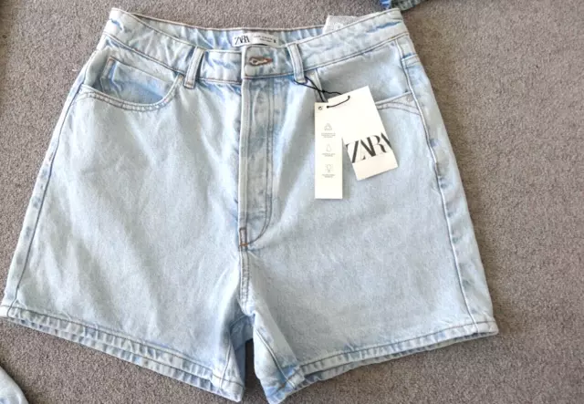 Pantaloncini Zara Taglia 12 Mamma Denim Blu Chiaro Donna Nuovi Con Etichette High Rise
