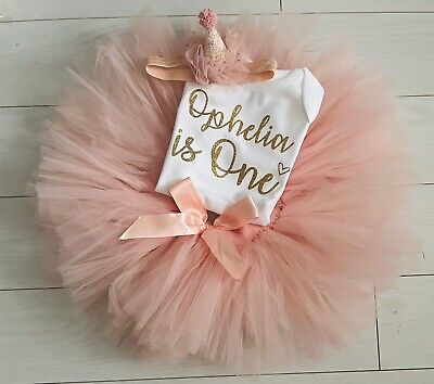 Baby Girls Personalised First 1st Birthday Outfit Cake Smash Set Tutu Skirt Hat