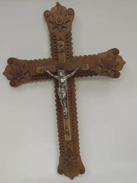 Early/Mid 20th Century Large Carved Folk/Tramp Art Crucifix French? 24"