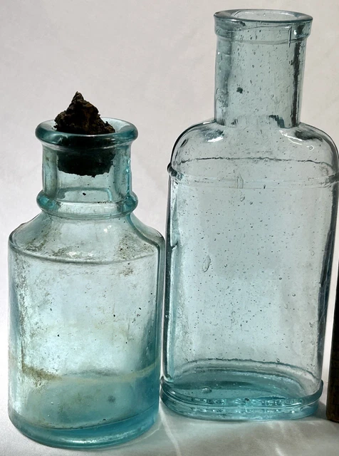 Pair of Great Early Hand Blown Aqua Glass Medicine Bottles 1870's Vtg Orig USA