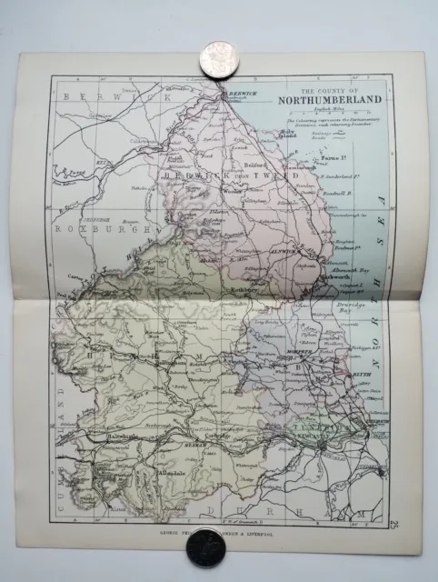 Antique/Vintage County Map of NORTHUMBERLAND - Phillips Handy Atlas , 1887