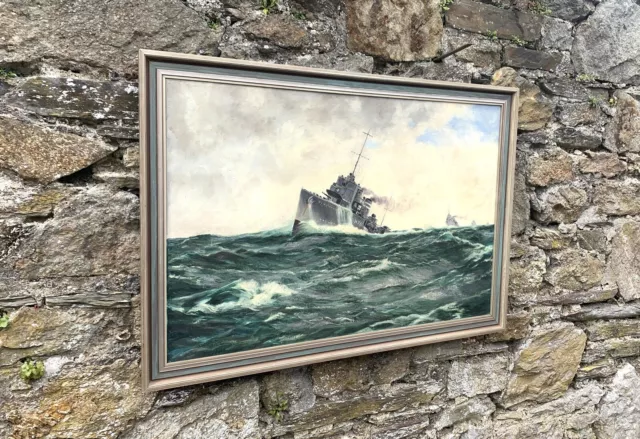 Signed WW2 Oil on Canvas Painting of Royal Navy Destroyer HMS Fame (c.1942) 3