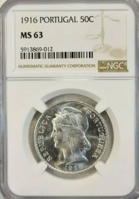 1916 Portugal Silver 50 Centavos Liberty Head Ngc Ms 63 Pq Beautiful Coin