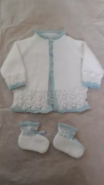 Hand knitted Baby Clothes Boy Matinee coat & bootees 0/3months *Charity Auction*