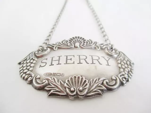 FAVOLOSA ETICHETTA BEVANDE ARGENTO ""SHERRY"" su CATENA per DECANTER/BOTTIGLIA H/Mark