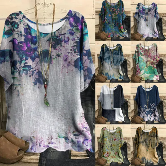 Womens Floral Boho T-Shirt Baggy Tunic Tops Ladies Long Sleeve Summer Blouse US