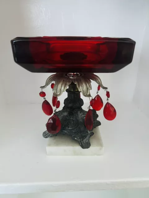 Stunning 1970s Ruby Red Ashtray With Prisms And Marble Base