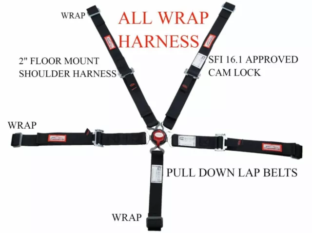 Jr Race Harness Sfi 16.1 Certified Cam Lock Floor Mount Black All Wrap Anchors
